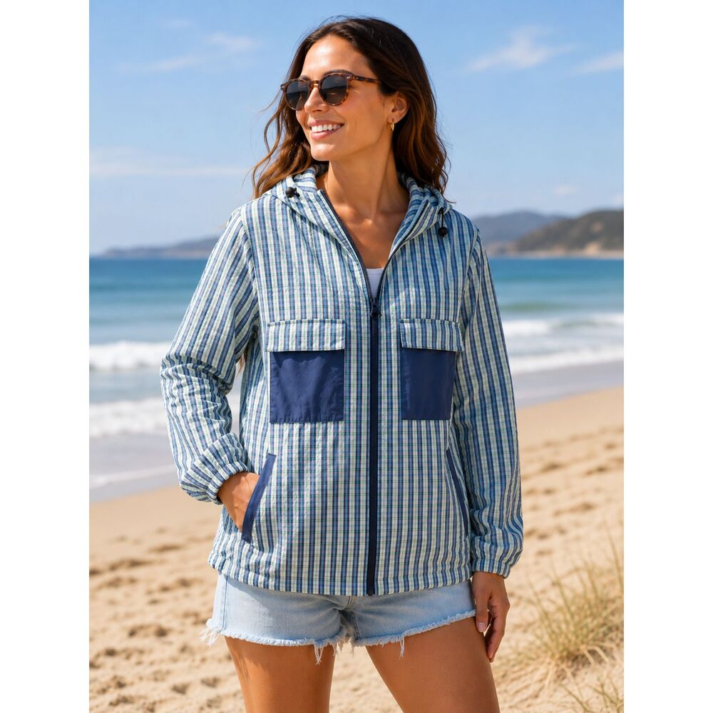 Free Assembly Sz Large Hooded Windbreaker Blue Plaid Crinkle Full Zip Jacket #11